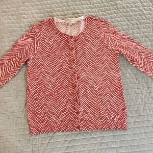 LOFT Red White Chevron Knit Cardigan Sweater Button Front 100% Cotton - Size M